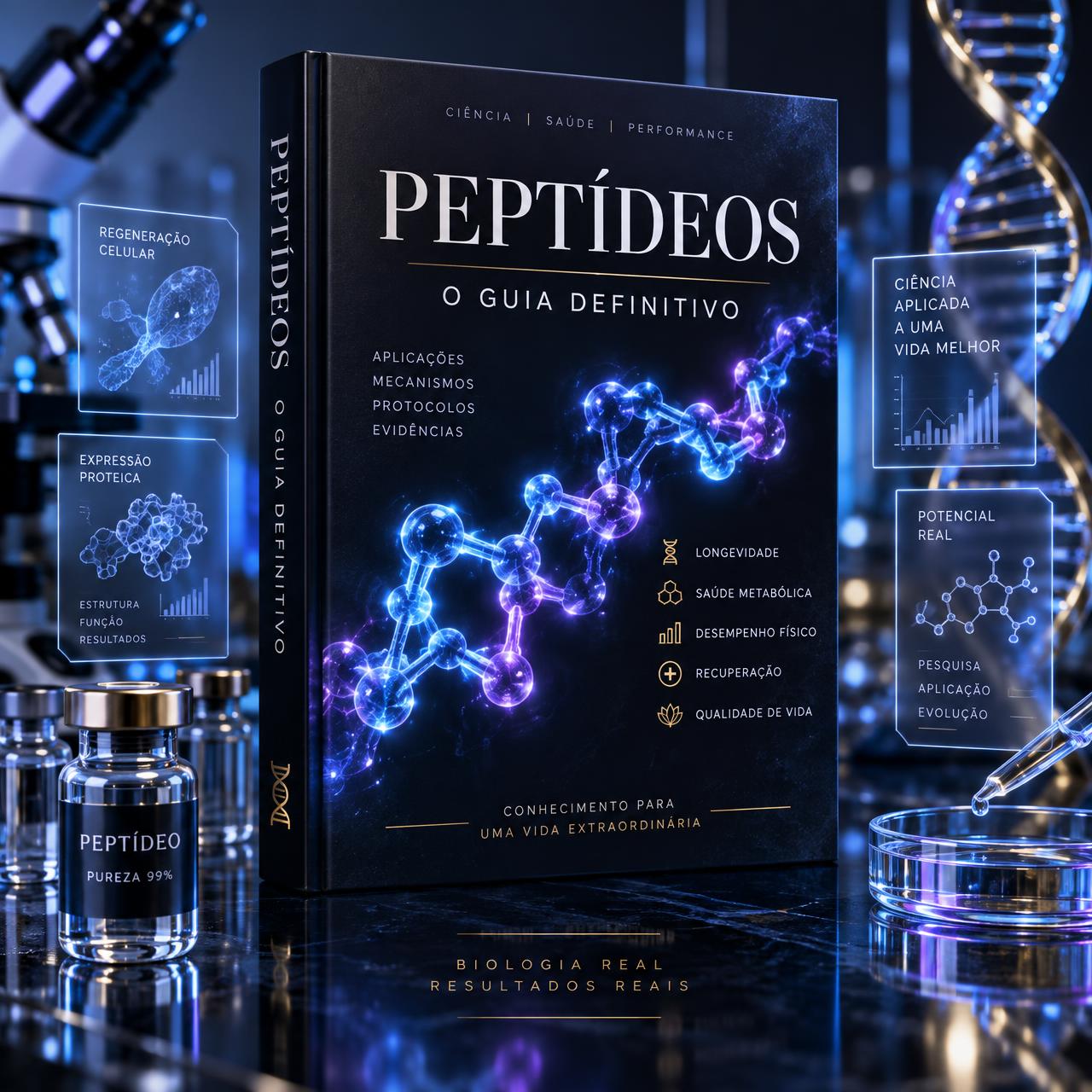 Ebook Peptídeos — O Guia Definitivo com frascos laboratoriais, estruturas moleculares e cards de conteúdo
