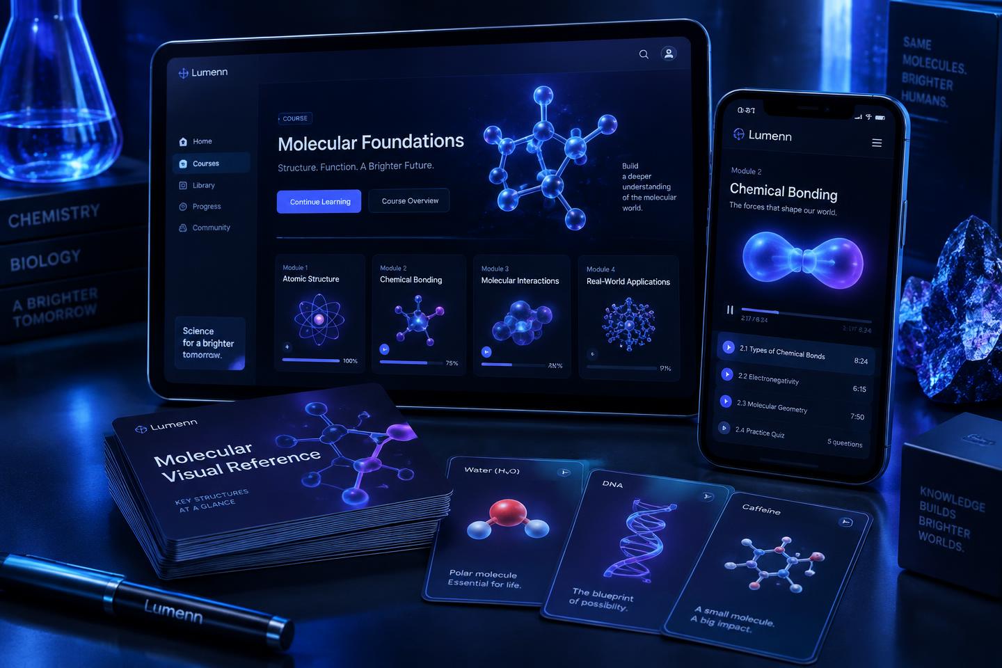 Materiais do curso exibidos em tablet, celular e cards visuais de consulta